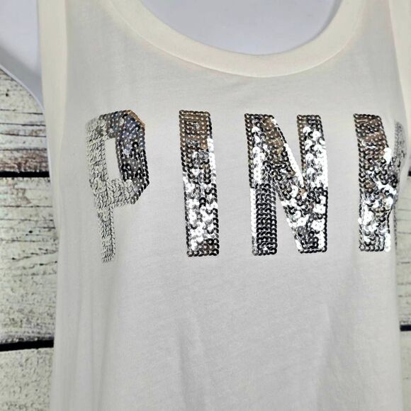 VS PINK Silver Sequin Logo Tank Top White Size L - Picture 3 of 9
